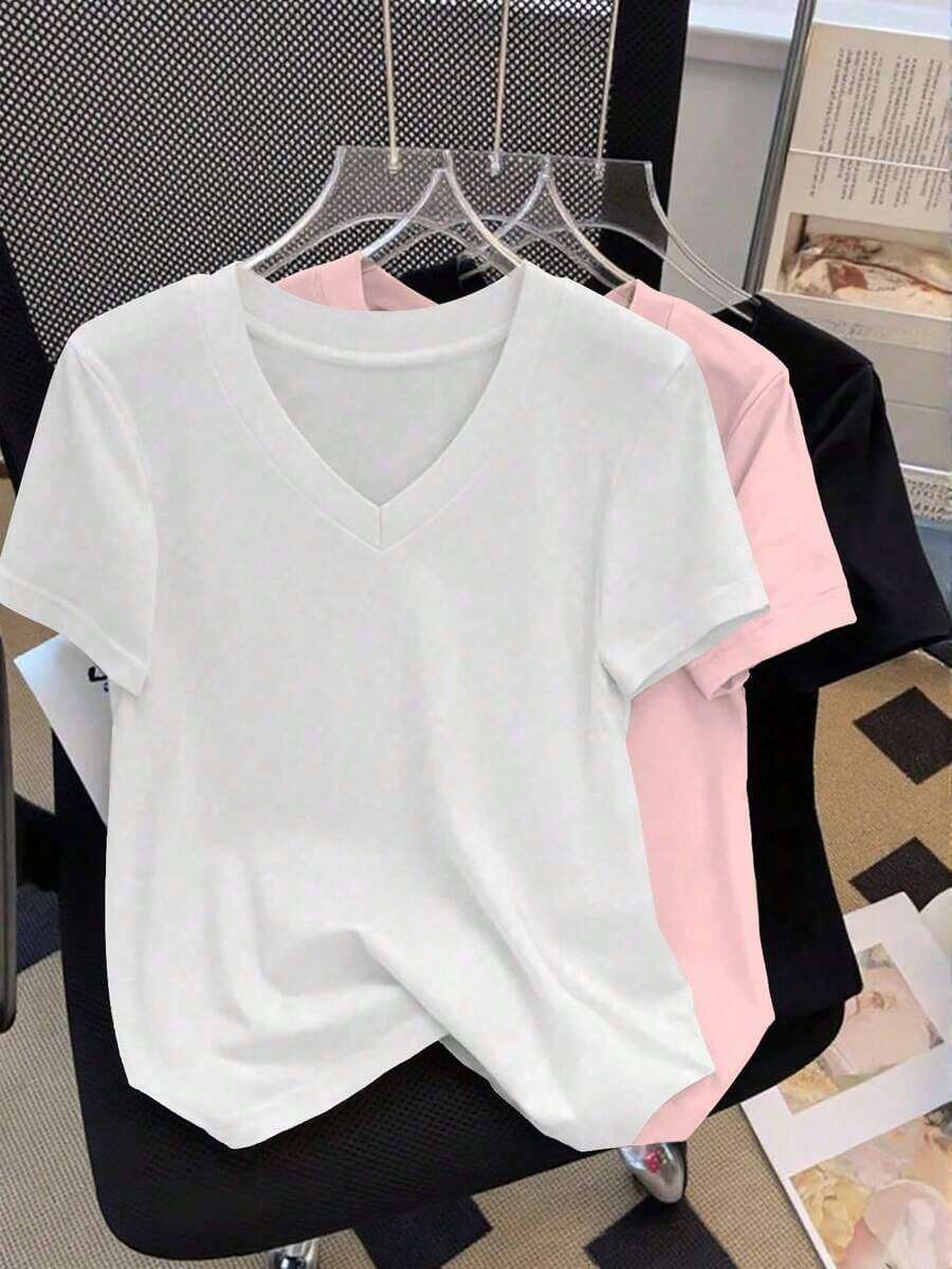 Camiseta casual de mujer de manga corta con cuello en V liso, versátil - Multicolor 3 - Ver 1