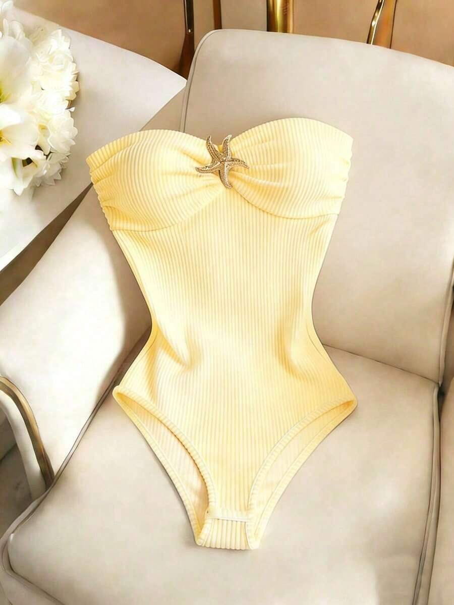 Body ajustado y sexy con hebilla de metal plisada para mujeres - Amarillo - Ver 1