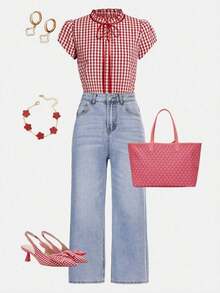 Camisa de mujer de manga corta, con lazo, volantes, a cuadros, elegante y casual para vacaciones y picnic, primavera/verano - Rojo y blanco - Ver 8