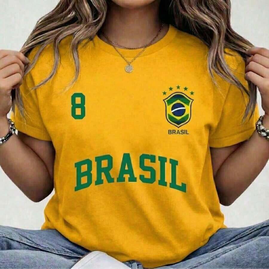 Women's Brazil Hexa T-Shirt 100% Premium Cotton Casual Women's Blouse Brazil Football Casual Premium Cotton Women's Brazilian National Team Summer Premium Cotton - Màu vàng - Xem 1
