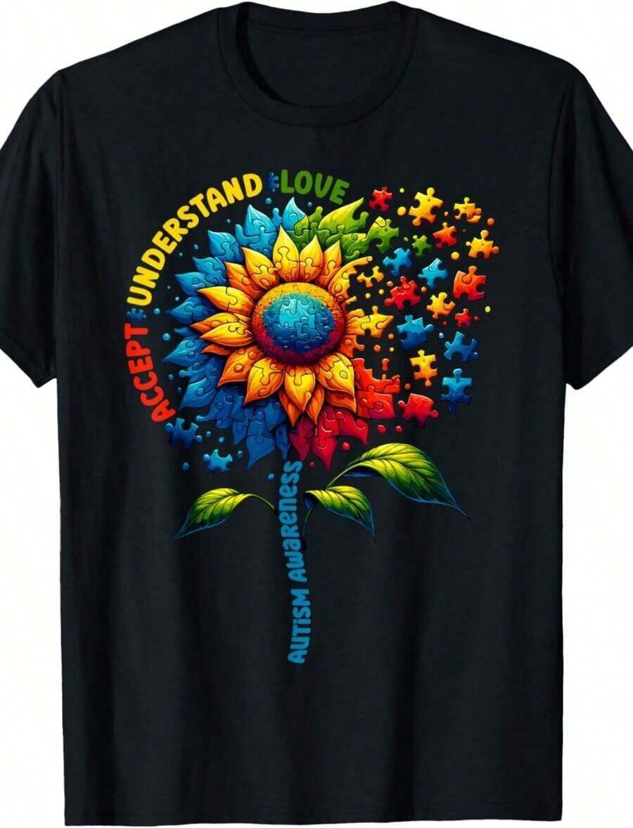 1 Autism Awareness T-Shirt, "Accept, Understand, Love" T-Shirt, Autism Heart Sweatshirt, Puzzle Piece Design T-Shirt, Gift For Teachers, Hoodie For Special Education Teachers, Gift For Mom. Casual Fabric 180g 100% Cotton - 黑色 9 - 查看 1