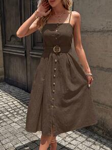 Vestido largo con paneles y cinturón para mujer - Marrón - Ver 3