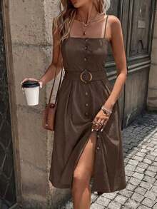 Vestido largo con paneles y cinturón para mujer - Marrón - Ver 4