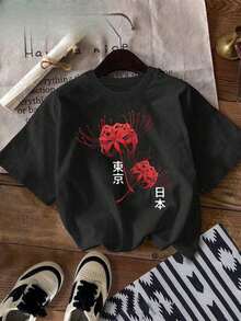 Women's T-Shirt With Japanese Red Spider Lily Design - White Blouse With Bold Red Flowers, Soft Round Neck For Anime And Japanese Fashion Fans - Casual All Seasons Clothing, Spring Outfit, Artistic Design, Comfortable Fit, Short Sleeve Blouse, Streetwear Style - 黑色 - 查看 7