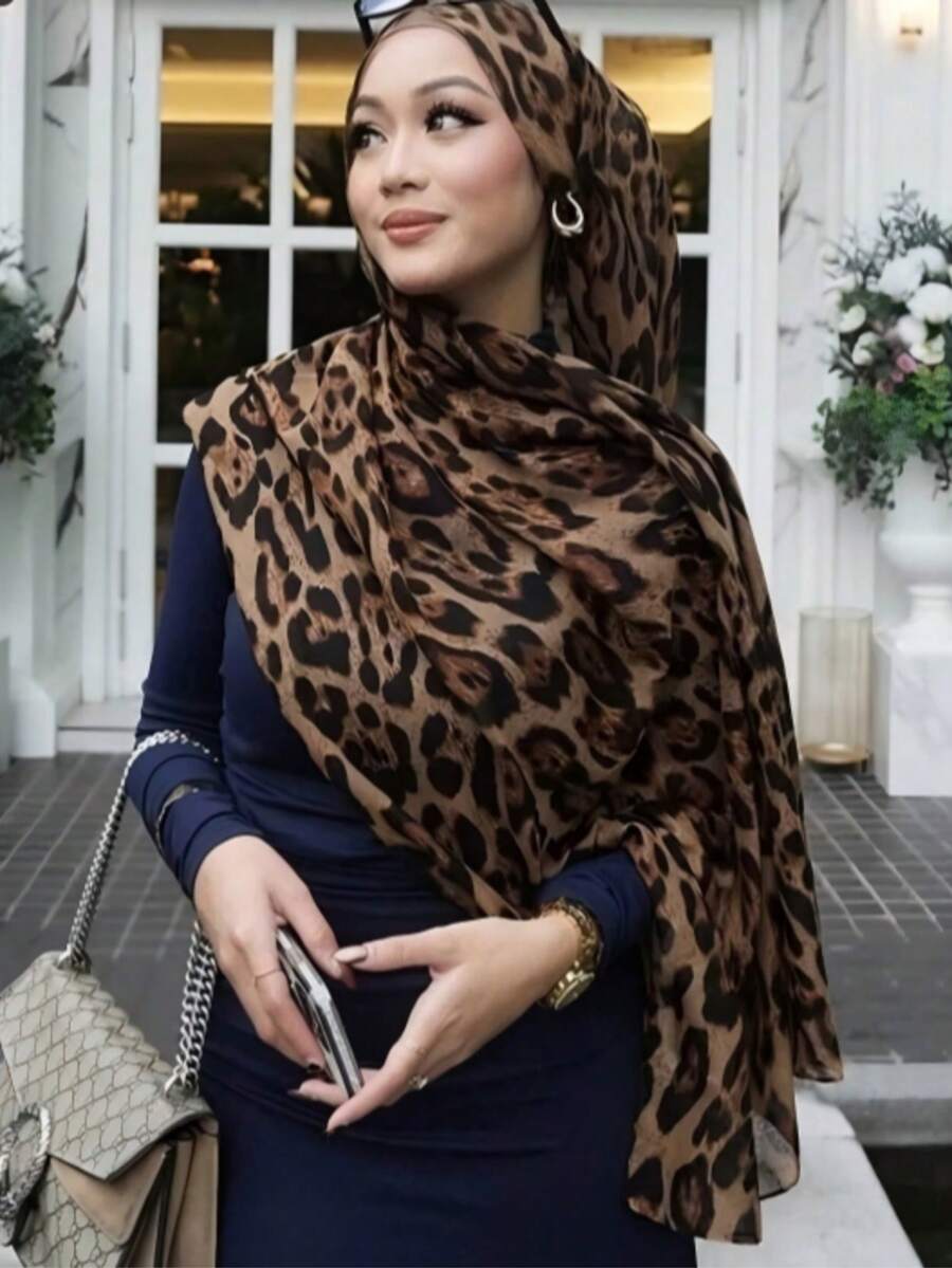 1 pieza Pañuelo de cabeza con estampado de leopardo estilo bohemio para mujer, suave y transpirable, adecuado para uso diario - Marrón - Ver 1