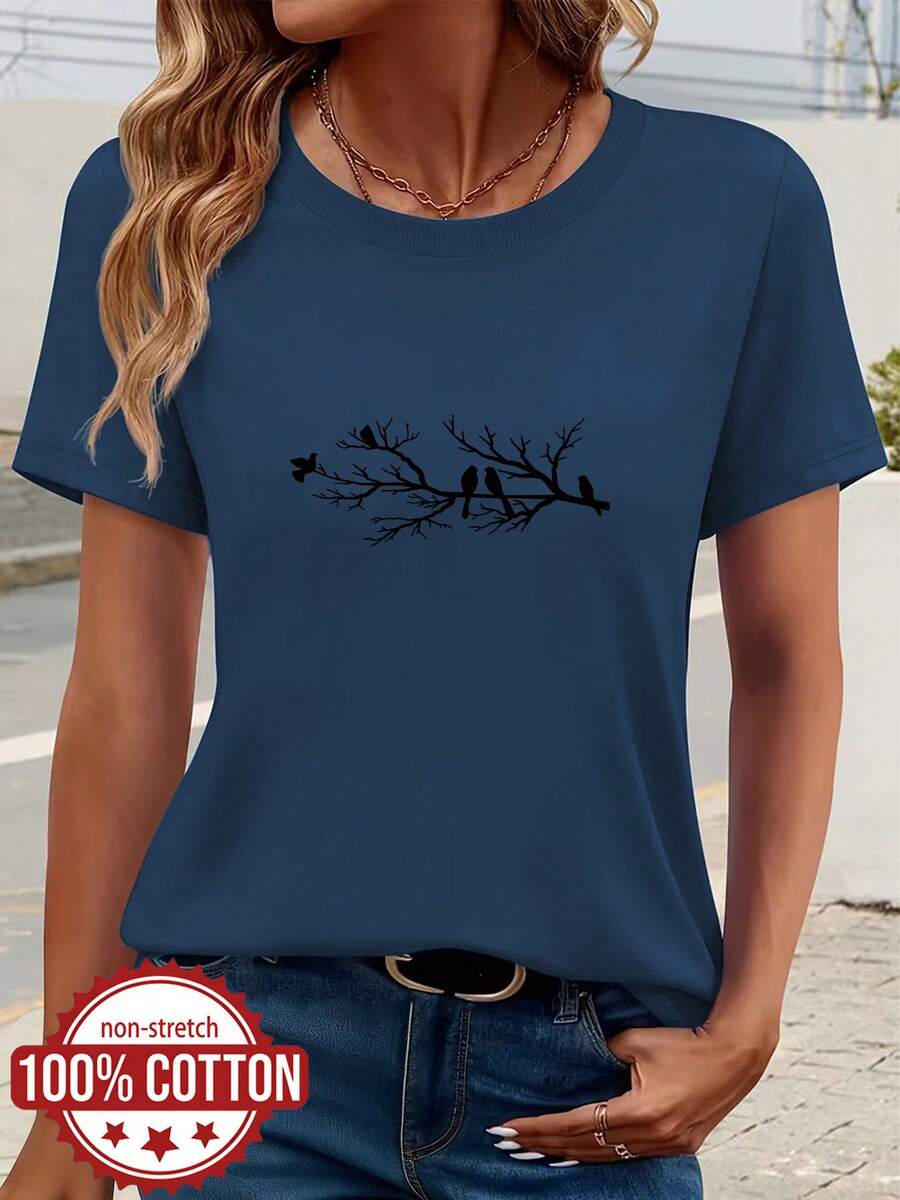 Women's Summer T-Shirt, Round Neck, Short Sleeve, 100% Cotton, Ideal For Daily Outings, Travel And Vacations, Branch And Bird Print, Casual Top, Versatile And Comfortable Fabric - 藍海 - 查看 1