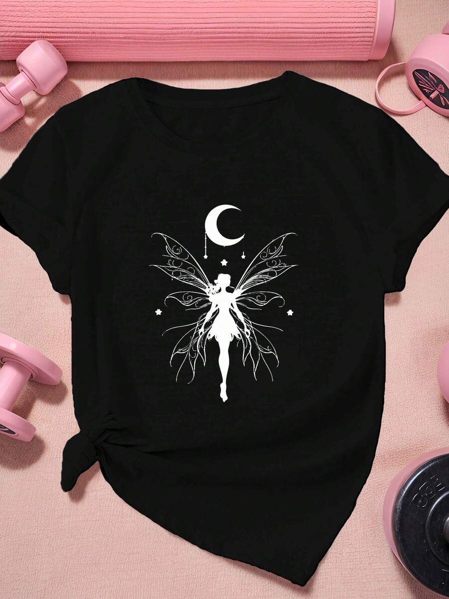 1 pieza de camiseta casual de talla grande para mujer, con patrón geométrico de hadas - mangas cortas, cuello redondo, fibra de poliéster transpirable - lavable a máquina, 180g, 100% algodón. - Negro - Ver 1