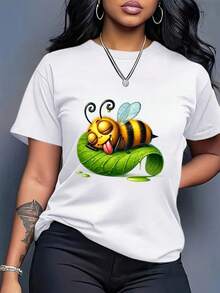Plus Size Women's Boho Chic Oversized White T-Shirt - Graphic Bee And Honeycomb Print, Loose Fit, Crew Neck, Short Sleeve, Breathable Casual Wear, Machine Washable Blouse For All Seasons With Unique Artistic Print, Geometric Pattern And Fun And Whimsical Design For A Relaxed Bohemian Style. Suitable For Spring, Summer And Autumn. - White - View 1