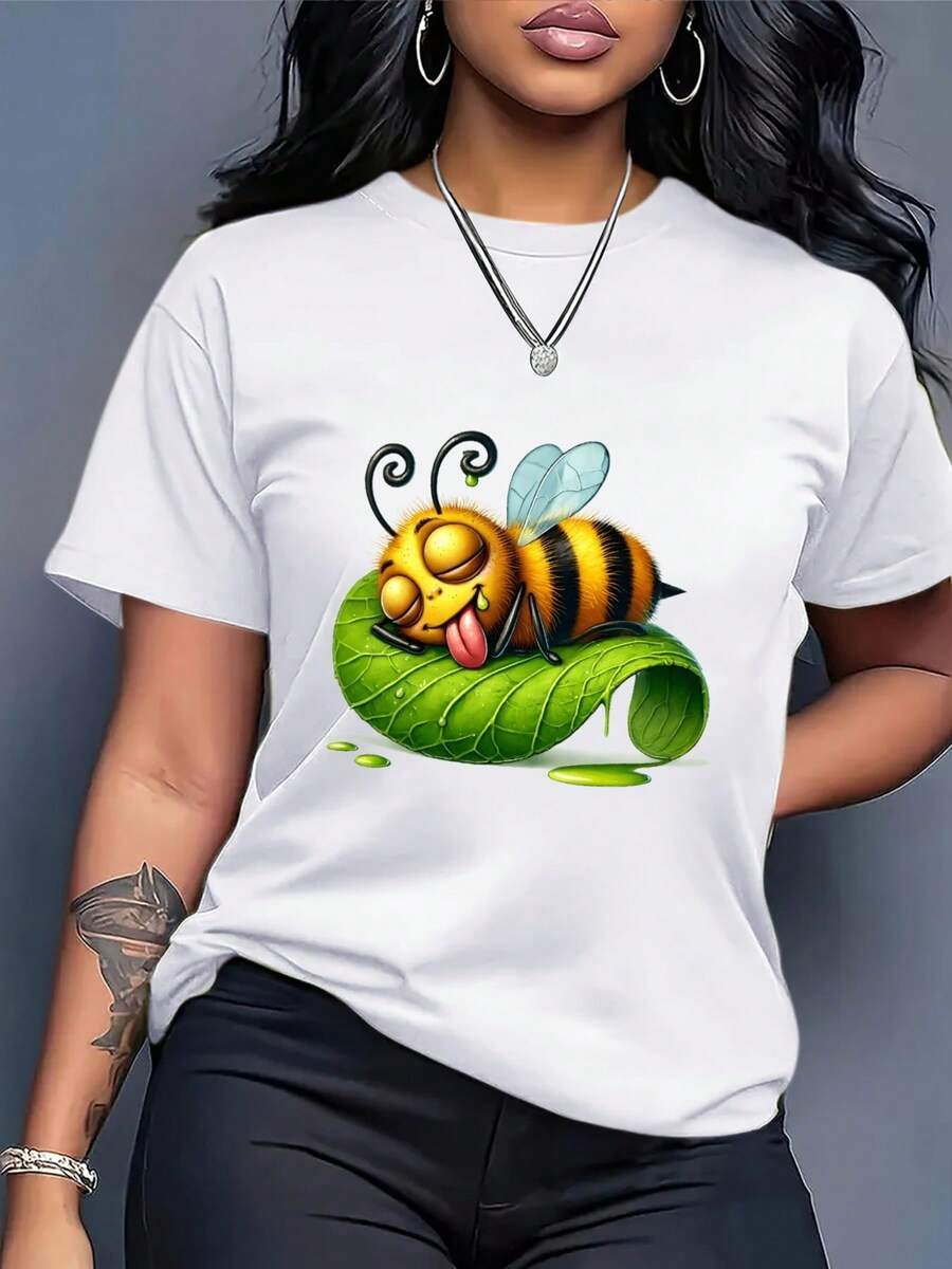 Plus Size Women's Boho Chic Oversized White T-Shirt - Graphic Bee And Honeycomb Print, Loose Fit, Crew Neck, Short Sleeve, Breathable Casual Wear, Machine Washable Blouse For All Seasons With Unique Artistic Print, Geometric Pattern And Fun And Whimsical Design For A Relaxed Bohemian Style. Suitable For Spring, Summer And Autumn. - White - View 1