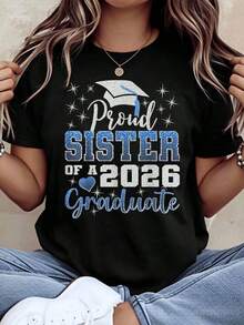 1 camiseta "Orgullosa Hermana de un Graduado de 2026" con diseño de gorro de graduación y estrellas para celebración de graduación, 180g 100% algodón. - Negro - Ver 12