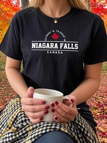 Women's Premium Summer T-Shirt With Niagara Falls Coordinates Print, Niagara Falls Coordinates Letter Pattern T-Shirt, Canada, Casual Short Sleeve Round Neck T-Shirt For Summer And Spring, Women's Clothing. - 黑色 - 查看 12