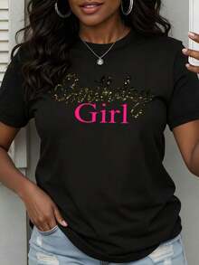 Women's T-Shirt, 100% Cotton, With 'Birthday Girl' Print, Round Neck, Casual Style For Celebrations - Urban Vintage Style, Unisex, Loose Fit, Short Sleeve And Round Neck - 黑色 - 查看 10