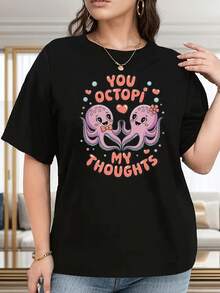 Plus Size Crew Neck Graphic T-Shirt For Women With The Phrase "You Octopi My Thoughts" - Soft And Comfortable Short-Sleeved Crew Neck T-Shirt With A Fun Octopus Design, Suitable For All Seasons, Perfect Gift For Friends, Casual Wear T-Shirt. | Fun Print T-Shirt | Soft Fabric Shirt, Women's T-Shirt, Casual Women's Blouse - 黑色 - 查看 7