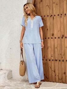 Faunlyn Conjunto de 2 piezas de camisa y pantalones de unicolor casual de vacaciones para mujer - Azul y blanco - Ver 4