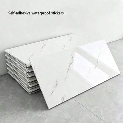 10/50pcs White Marble Pattern Smooth Ceramic Tile Stickers, Waterproof Wall Decor Stickers, Self-Adhesive Aluminum Composite Panel Wall Covering