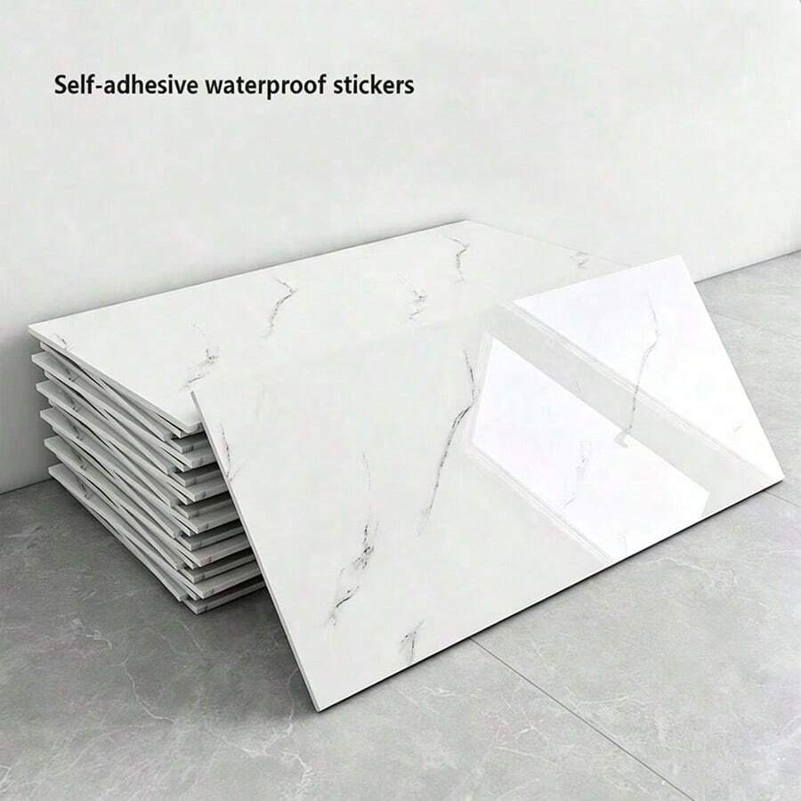 10/50pcs White Marble Pattern Smooth Ceramic Tile Stickers, Waterproof Wall Decor Stickers, Self-Adhesive Aluminum Composite Panel Wall Covering - Tile Stickers - View 1
