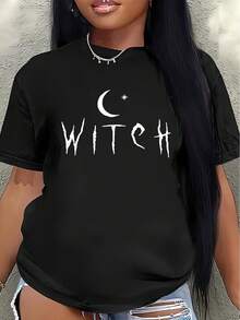 Women's Short-Sleeved T-Shirt With A Witch And Moon Print, Made Of Lightweight And Durable Fabric, Perfect For Halloween Celebrations, Casual Wear, Or Evening Events. Features A Printed Design. Women's Blouses > Clothing - 黑色 - 查看 1