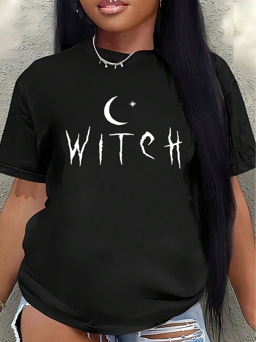 Women's Short-Sleeved T-Shirt With A Witch And Moon Print, Made Of Lightweight And Durable Fabric, Perfect For Halloween Celebrations, Casual Wear, Or Evening Events. Features A Printed Design. Women's Blouses > Clothing - 黑色 - 查看 1