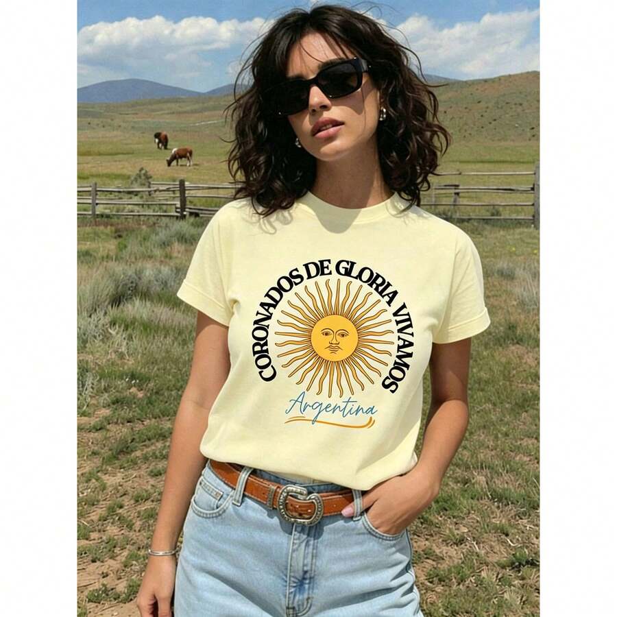Single Pack Women'S Argentina National Team Graphic T-Shirt - Soft Breathable Blend, Lightweight Short Sleeve Crew Neck With Sun & Flag Print, Un - 淺黃色 - 查看 1