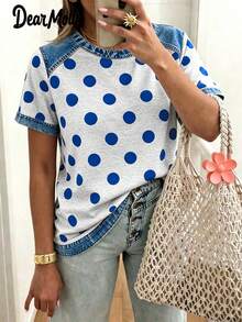 Áo thun ngắn tay cổ tròn phối màu chấm bi và denim hiệu ứng vintage Dear Molly, thích hợp mặc hàng ngày, đi nghỉ mát hoặc mùa hè. - Nhiều màu - Xem 2