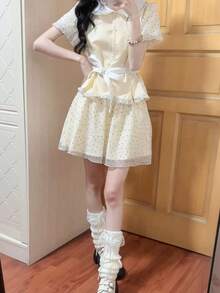 Women's 2-Piece Set: Peter Pan Collar Polka Dot Short-Sleeved Top And Mini Skirt. Girly, Summery, Cute. - Light Yellow - View 4
