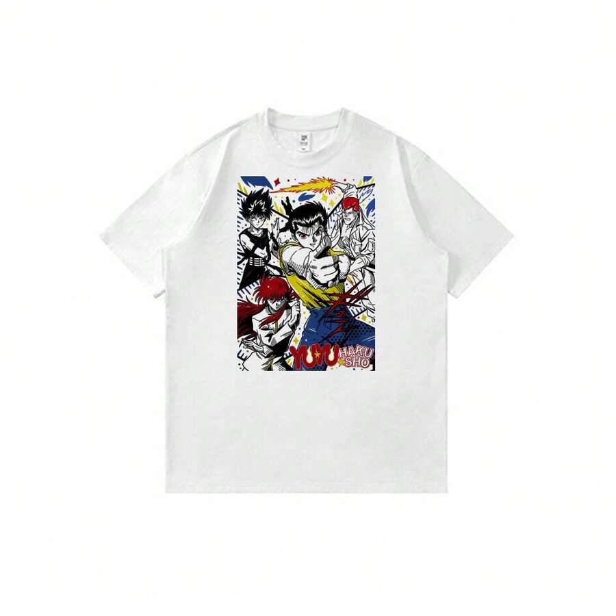 Yu-Yu-Hakusho-Yusuke-Urameshi-Kurama-Hiei-Kazuma-Kuwabara-Group-Posing-Art Unisex Summer Casual Short Sleeve T-Shirt With Anime Cartoon Print Y2K - 白色 - 查看 1