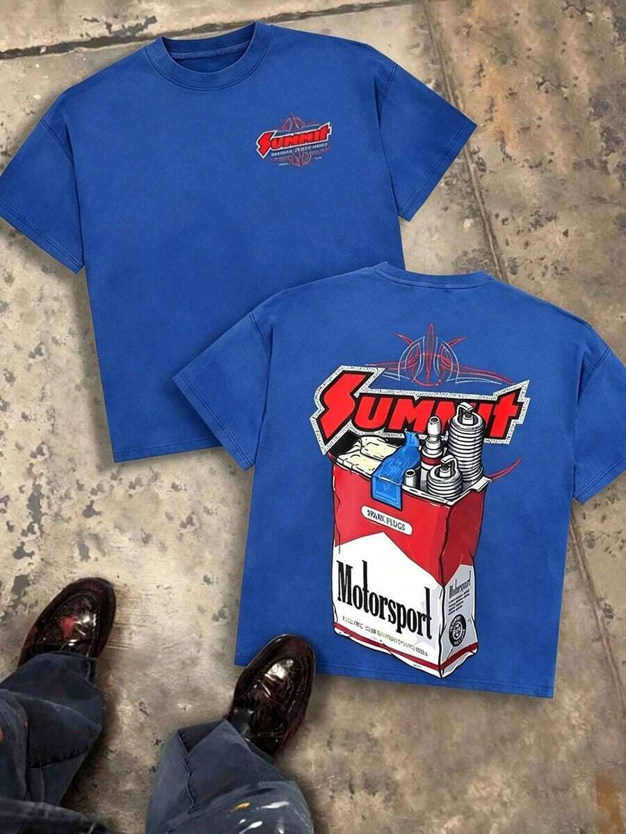 Summit Motorsport Spark Plug Retro Car Culture Oversized Graphic Tee, Oversize Men Cotton Crew Neck Streetwear Summer Top - 藍色 - 查看 1