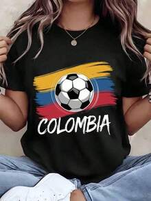 Women's T-Shirt With Soccer Ball And Colombian Flag Print, Round Neck, Regular Fit, Casual Wear, Gift For Soccer Fans - 黑色 - 查看 6