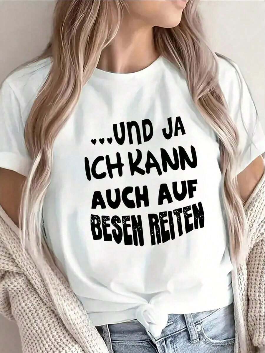 Modern Minimalist Summer Outfits For Women - Polyester Short Sleeve T-Shirt With German Text "Und Ja Ich Kann Auch Auf Besen Reiten" - Lightweight, Casual Wear For Home, Office Or Daily Outings - Funny Adult T-Shirt - Protective Phone Case - Casual Holiday Clothes For Women - 白色 - 查看 1