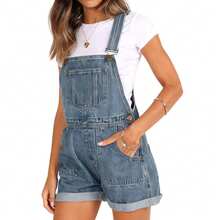 Denim Overalls Mini Dress For Women High Stretchy Adjustable Strap Jean Short Dress With Pockets, Solid Color/Camouflage/4th Of July USA Flag Print Sleeveless Suspender Dress - Z15641-Xanh lam - Xem 1