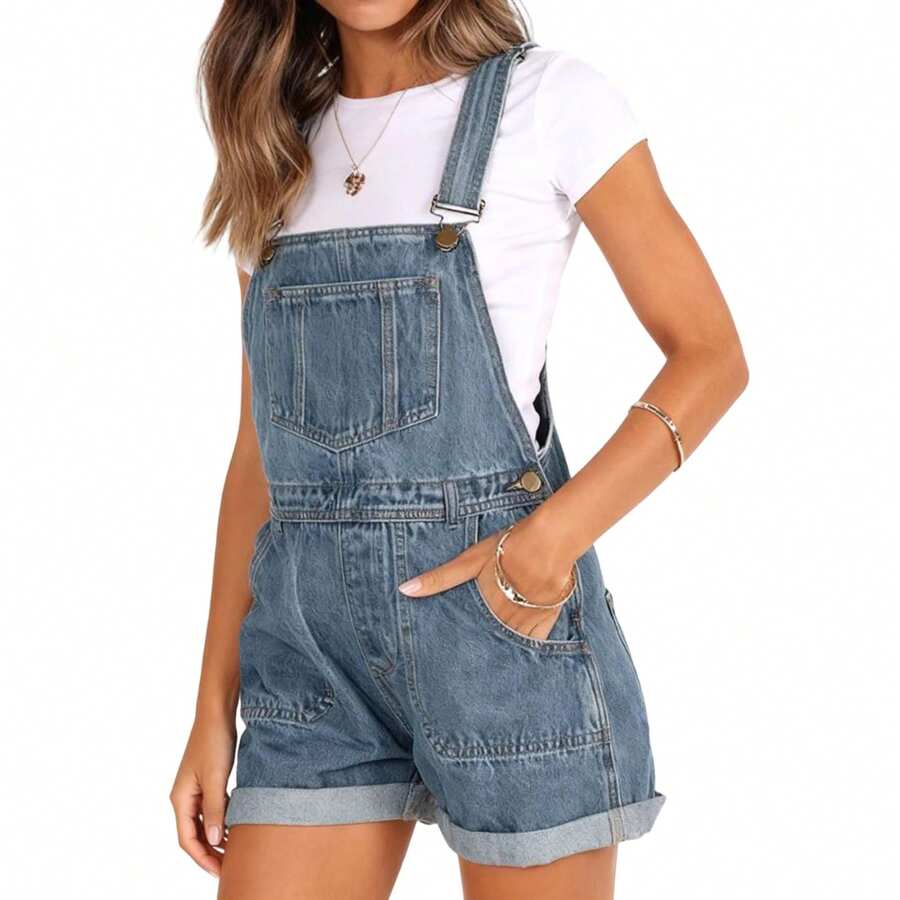 Denim Overalls Mini Dress For Women High Stretchy Adjustable Strap Jean Short Dress With Pockets, Solid Color/Camouflage/4th Of July USA Flag Print Sleeveless Suspender Dress - Z15641-Xanh lam - Xem 1