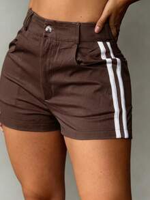 Women's Straight Woven Fabric Short Cargo Shorts, Solid Color With White Side Stripe, Suitable For Work, Beach And Vacation Summer - Brown - View 1