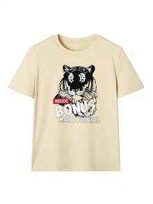 Black And White Tiger Head T-Shirt With "BONUS" Text.  Short-Sleeved T-Shirt For Spring And Summer 2026, Made In Mexico, 180 Grams. Cartoon Print, Couple Design, Suitable For Indoor Or Outdoor Wear. Crew Neck, Unisex, Ideal For Office And Leisure. One-Pack. - APR-P631577SLNDXZGY647 - 查看 2