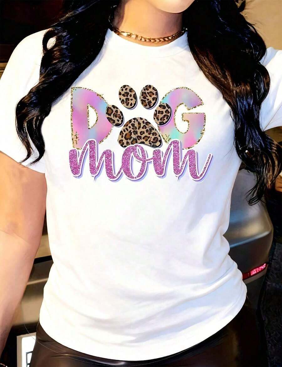 Women's T-Shirt With Leopard Print And Glitter "Dog Mom" Design, Round Neck, Short Sleeve, Casual, Suitable For Daily Outdoor Wear, Perfect For All Seasons. - White - View 1