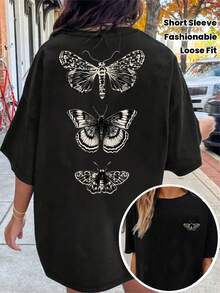 Camiseta Gráfica Oversize para Mujer con Estampado "Mariposa Polilla Vintage", Transpirable y Cómoda, Manga Corta, Cuello Redondo, Estampado Dark Academia, Algodón Suave, Perfecta para Uso Diario y Estilo Grunge Urbano - Negro - Ver 1