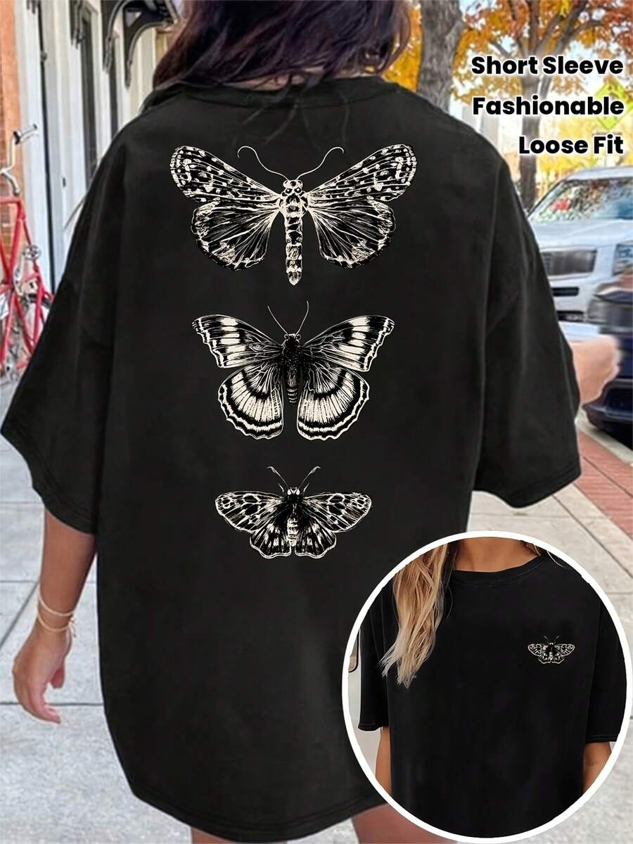 Camiseta Gráfica Oversize para Mujer con Estampado "Mariposa Polilla Vintage", Transpirable y Cómoda, Manga Corta, Cuello Redondo, Estampado Dark Academia, Algodón Suave, Perfecta para Uso Diario y Estilo Grunge Urbano - Negro - Ver 1