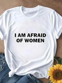 Camiseta de Mujer Oversized, Opciones en Blanco y Negro, Estampado 'I AM AFRAID OF WOMEN', Camisetas Casuales para Uso Diario, Tops de Verano, Camisetas Gráficas, Conjuntos de Verano para Mujer, Camisetas Cortas para Mujer, Tops Vintage de Algodón, Ropa Linda para Mujer, Playera Holgada para Mujer - Blanco - Ver 2