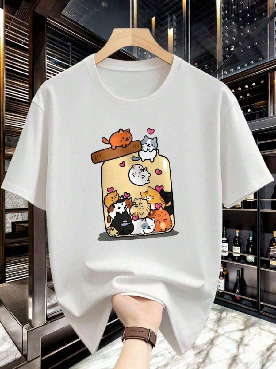 Men's Sports T-Shirt - Cat Print Design With Maneki-Neko Charm, Quick-Drying, Short Sleeve, Crew Neck, Casual, For Boba Tea Lovers And Anime Fans. Relaxed Fit T-Shirt Suitable As A Gift. Women's T-Shirt. Blouses>Elegant. Boho Chic, Soft, Breathable And Comfortable Women's Top, Ideal For Spring, Summer And Autumn, Perfect For Vacations, Travel And Everyday Wear. - 白色 - 查看 1