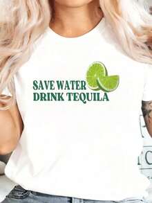 T-Shirt With The Print "Save Water, Drink Tequila" And A Lime Wedge For Casual Wear And Party Outfits. Women's Casual Blouse - 白色 - 查看 7