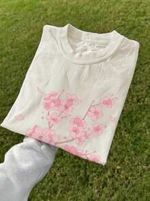 Spring And Summer Tops For Women In Japanese Style, With Cherry Blossom And Petal Design, Made Of Pure Fabric, Loose Fit, Round Neck, Short Sleeve T-Shirt, Winter Clothing For Women. - 杏色 - 查看 1