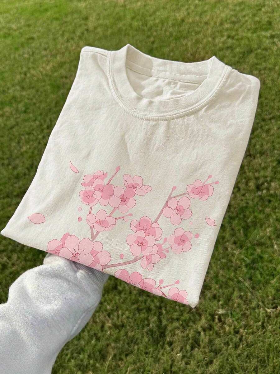 Spring And Summer Tops For Women In Japanese Style, With Cherry Blossom And Petal Design, Made Of Pure Fabric, Loose Fit, Round Neck, Short Sleeve T-Shirt, Winter Clothing For Women. - 杏色 - 查看 1