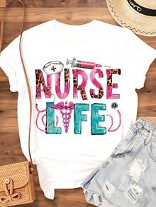 Nurse Life Leopard Print Medical Theme T-Shirt For Nurses Healthcare Workers And Medical Professionals Featuring Caduceus Stethoscope Syringe And Nurse Hat Design Perfect For Nursing School Graduation Or Nurse Appreciation Day,220g-Vintage Street Style Unisex Loose Cotton Short Sleeve Crew Neck T-Shirt100%Cotton - 白色 - 查看 4