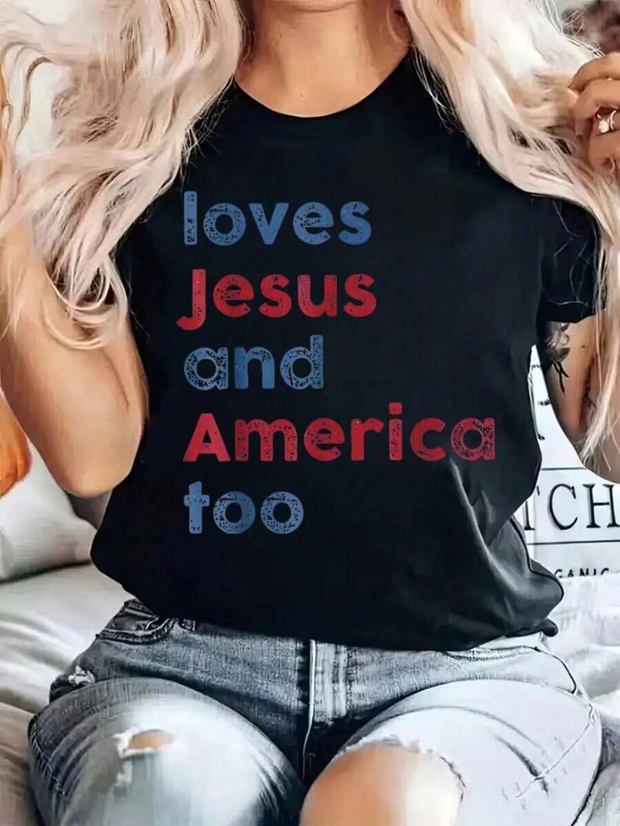 "God Christian 4th Of July Loves Jesus And America Too" Print T-Shirt For Summer, Soft Short Sleeve T-Shirt For Women, Stylish And Comfortable T-Shirt For Women, Graphic Tees, Blouses For Women, Casual Women's Clothing. - 黑色 - 查看 1