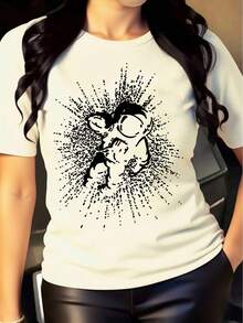 Camiseta suave 100% algodón para mujer, talla grande, con estampado de astronauta en blanco y negro, corte holgado y estilo casual. Camiseta de algodón transpirable, combina con todo, genial. - Albaricoque - Ver 6