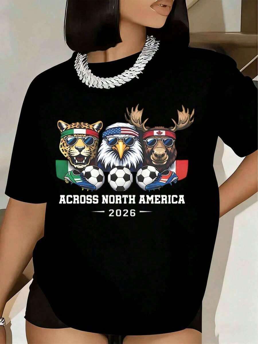 Women's T-Shirt With Animal Print North American Football Team 2026, Short Sleeve, Round Neck, Casual Summer Style, Basic Blouse For Women, Women's Blouse, Urban Style T-Shirt, Casual T-Shirt For Festivals And Daily Wear. - 黑色 - 查看 1