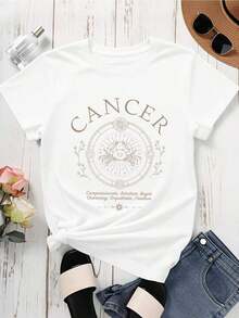 Cancer Zodiac Sign T Shirt Compassionate Intuitive Loyal Charming Empathetic Creative Astrology Design Women's Casual Top-Vintage Street Style Unisex Loose Cotton Short Sleeve Crew Neck T-Shirt100%Cotton - 白色 - 查看 4