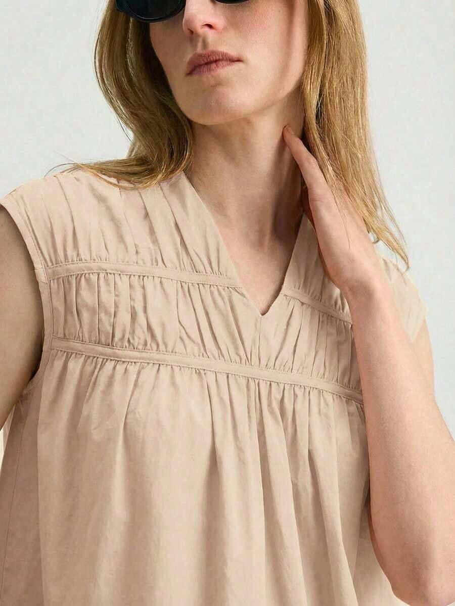 Ontre 2026SS Nueva Blusa para Mujer, Tejido Tejido, Estilo Urbano Elegante Casual, Moda Minimalista para Ir al Trabajo - Albaricoque - Ver 1