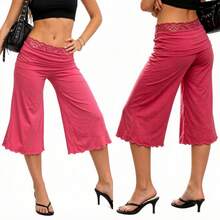Fold Over Wide Leg Capri Pants For Women Low Rise Cropped Gaucho Pants Casual Lounge Pajamas Pants - Pink - View 4