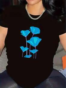 Camiseta de Mujer, Top de Verano para Damas | Camiseta de manga corta para mujer con estampado floral azul, top casual para el día a día, transpirable y cómoda para el verano, de corte holgado, cuello redondo, estilo versátil, elegante para mujer. - Negro - Ver 1