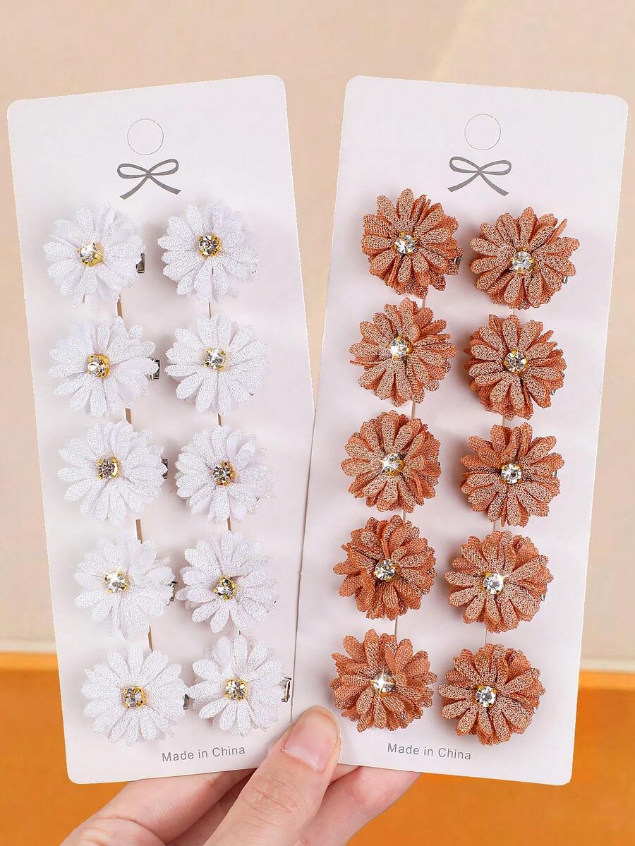 10pcs White & Beige Daisy Rhinestone Flower Small Hair Clips, Minimalist Side Bangs Clips, Sweet Girl Accessories, Suitable For Daily Use, Gift,Hair Slide,Claw Clips - Multicolor - View 1